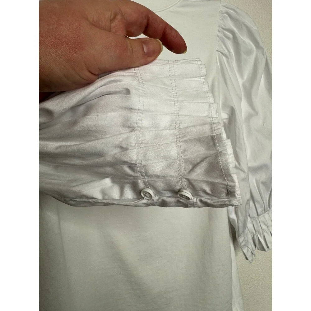 Madewell XXS Puff Half Sleeve Knit Top White Cotton Poplin Pleated Crewneck NWT